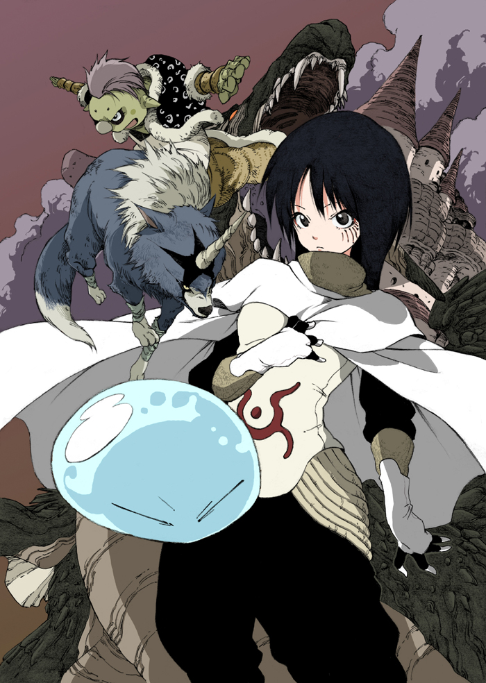 10s 1girl 1other 2boys black_eyes black_hair black_legwear castle cloak dragon facial_mark fangs gloves goblin gobta_(tensura) hair_between_eyes horns izawa_shizue long_hair makkamu multiple_boys official_art ranga_(tensura) rimuru_tempest single_horn size_difference slime_(creature) tail teeth tensei_shitara_slime_datta_ken veldora_(tensura) white_gloves wolf