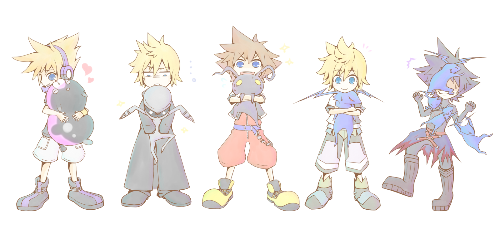 >:) ... 5boys belt black_bodysuit black_boots black_coat black_coat_(kingdom_hearts) black_hair black_jacket black_shoes blonde_hair blue_belt blue_eyes bodysuit boots brown_hair chibi chibi_only clenched_teeth coat commentary_request creature dream_eater_(kingdom_hearts) dusk_(kingdom_hearts) happy headphones heart highres holding holding_creature jacket jitome jumpsuit kikaneenattou kingdom_hearts kingdom_hearts_3d:_dream_drop_distance kingdom_hearts_i kingdom_hearts_ii knee_boots long_coat long_sleeves looking_down multicolored_jacket multiple_boys open_mouth parted_lips red_belt red_jumpsuit roxas sakuraba_neku shaded_face shoes short_hair short_jumpsuit shorts simple_background smile sora_(kingdom_hearts) sparkle spiked_hair spoken_heart standing subarashiki_kono_sekai sweatdrop teeth v-shaped_eyebrows vanitas_(kingdom_hearts) ventus_(kingdom_hearts) waist_cape white_belt white_shorts wristband yellow_shoes