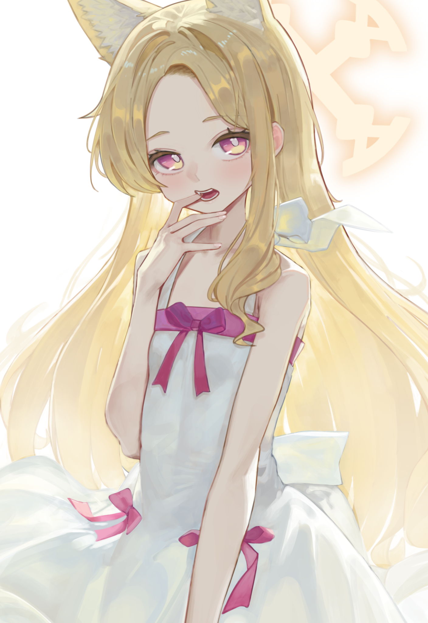 1girl animal_ears asdf64252607 bare_arms bare_shoulders blonde_hair blue_archive blush bow cosplay dress fake_animal_ears finger_in_own_mouth flat_chest forehead fox_ears fox_girl highres long_hair looking_at_viewer open_mouth oshino_shinobu oshino_shinobu_(cosplay) pink_bow pink_eyes seia_(blue_archive) sidelocks solo white_dress