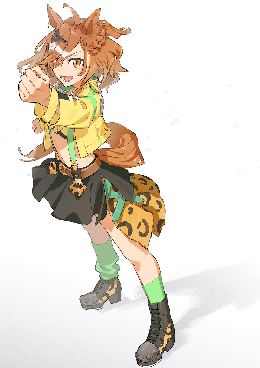 1girl :d ahoge animal_ears animal_print belt black_boots black_skirt boots bow braid brown_hair clenched_hands commentary_request cropped_jacket floating_hair full_body green_socks hair_ornament hairclip half_up_braid highres horse_ears horse_girl horse_tail jacket jungle_pocket_(umamusume) kneehighs leopard_print lower_teeth_only medium_hair midriff nakatani_nio navel open_clothes open_jacket open_mouth orange_eyes petals pleated_skirt ponytail raised_fist ribbon single_loose_sock skirt smile socks solo standing tail teeth umamusume yellow_bow yellow_jacket yellow_ribbon
