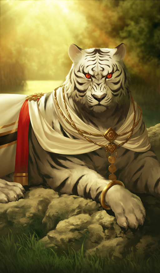 animal animal_focus black_fur commentary_request fate/grand_order fate_(series) grass lasengle light_rays looking_at_viewer lying nature no_humans official_art outdoors red_eyes striped_fur sunbeam sunlight third-party_source tiger tree water white_fur white_tiger