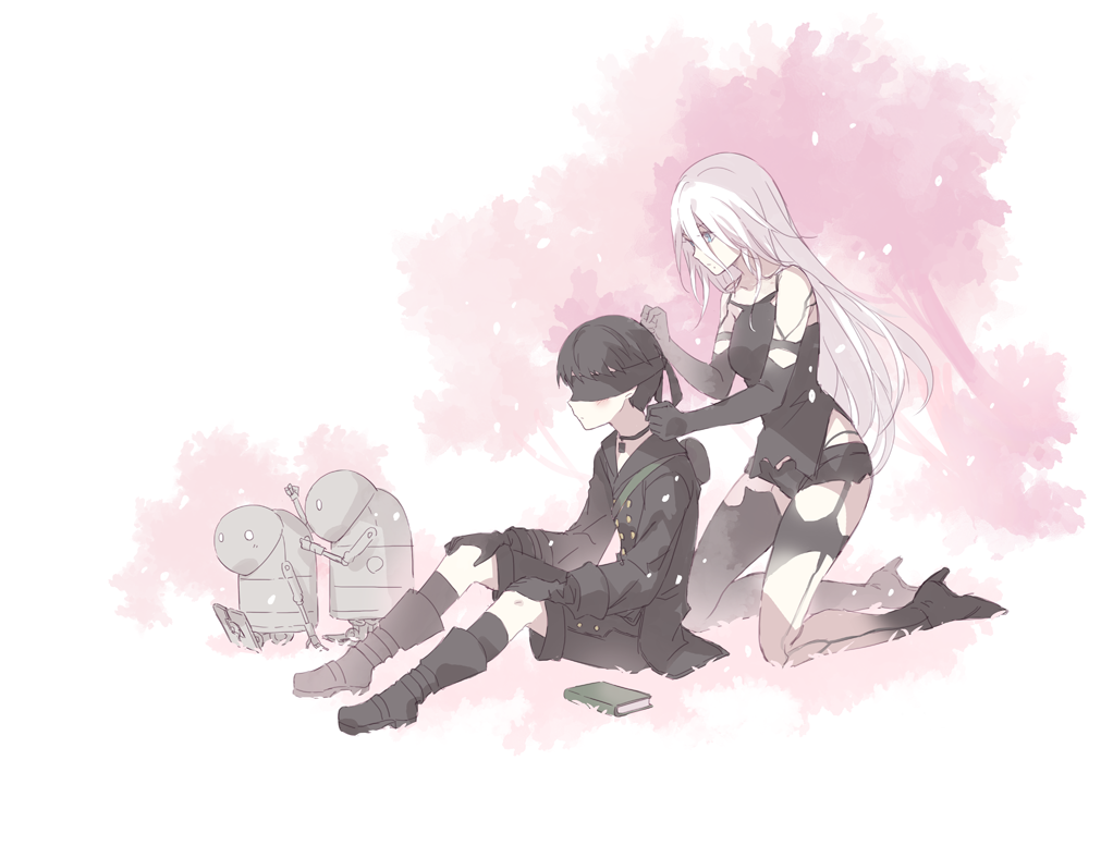 1boy 1girl 4s_(nier:automata) a2_(nier:automata) android armlet asymmetrical_legwear bat_(coumori) black_choker black_footwear black_gloves black_hair black_shorts black_tank_top blindfold blue_eyes blush book boots choker collarbone commentary_request elbow_gloves gloves high_heels jewelry joints kneeling long_hair machine_(nier) mole mole_under_mouth nier:automata nier_(series) robot_joints short_hair shorts single_thighhigh sitting tank_top thighhighs very_long_hair white_hair
