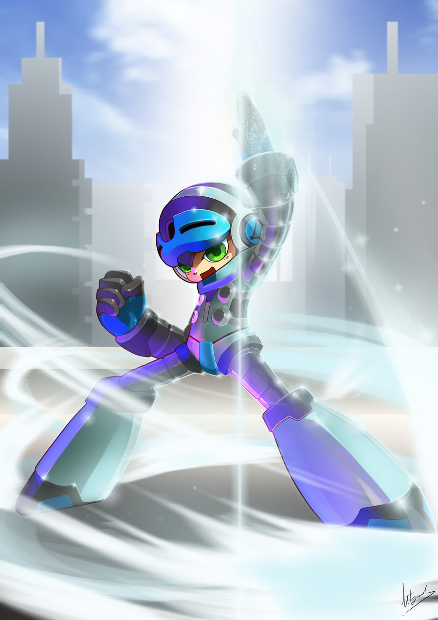 1boy antonio_clemente beck_(mighty_no._9) green_eyes helmet highres kamina_pose male_focus mighty_no._9 pointing pointing_up robot signature solo