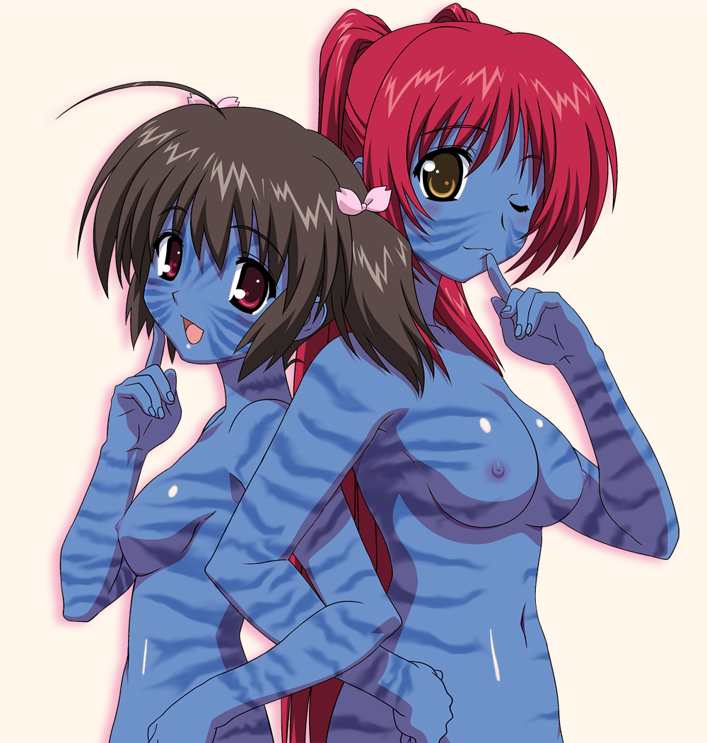 avatar_(2009_movie) back-to-back black_hair blue_skin bow breasts colored_skin james_cameron&#039;s_avatar kousaka_tamaki locked_arms long_hair na&#039;vi nipples nude one_eye_closed open_mouth red_eyes red_hair ribbon smile striped third-party_edit to_heart to_heart_(series) twintails wink yellow_eyes yuzuhara_konomi
