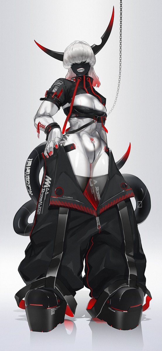1girl abs belt biceps black_horns black_jacket black_pants black_skin black_tail black_thighhighs bra breasts chain collar colored_skin covered_navel cropped_jacket crotch_zipper demon_girl echanis_enicha fangs grey_background grey_tongue hair_over_eyes high_heels horns jacket laces medium_breasts multicolored_hair muscular muscular_female open_mouth original pants pumps red_hair red_horns red_nails red_tail shelf_bra skinsuit standing tail thighhighs two-tone_hair underwear zipper zipper_pull_tab