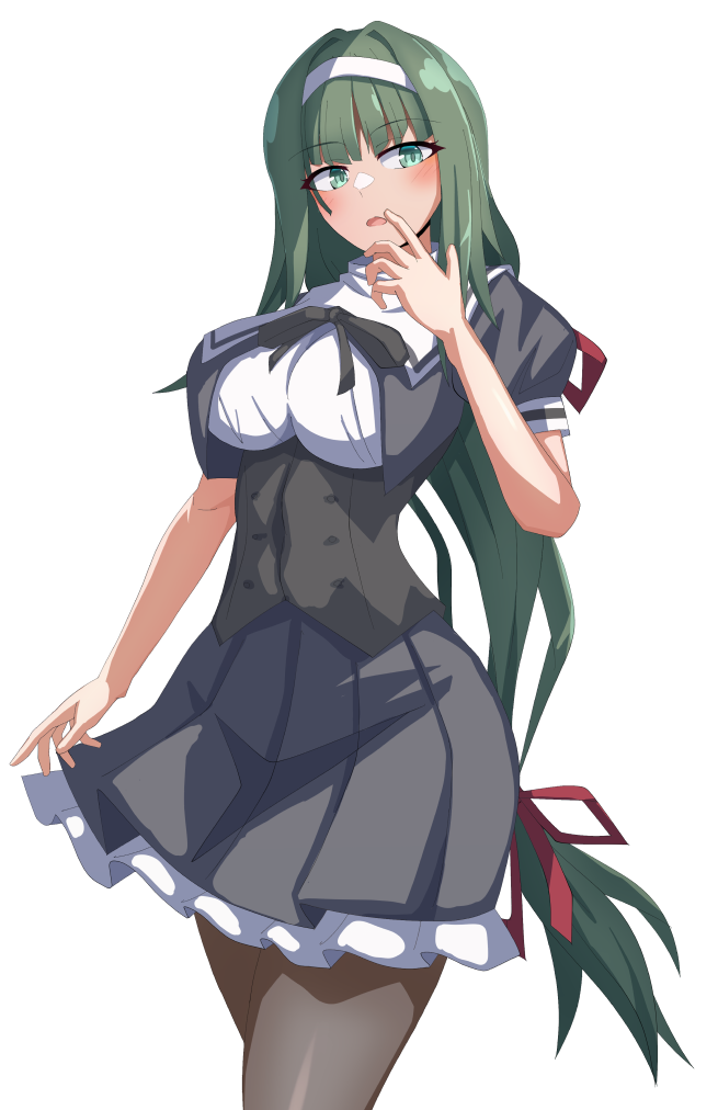 1girl arm_at_side assault_lily black_ribbon black_skirt blush breasts brown_pantyhose commentary_request cowboy_shot cropped_jacket green_eyes green_hair hair_ribbon hairband hand_to_own_mouth hand_up hasebe_touka ishitsuma_canon large_breasts long_hair looking_at_viewer low-tied_long_hair miniskirt neck_ribbon pantyhose parted_lips pleated_skirt puffy_short_sleeves puffy_sleeves red_ribbon ribbon school_uniform shirt short_sleeves simple_background skirt solo standing underbust very_long_hair white_background white_hairband white_shirt yurigaoka_girls_academy_school_uniform