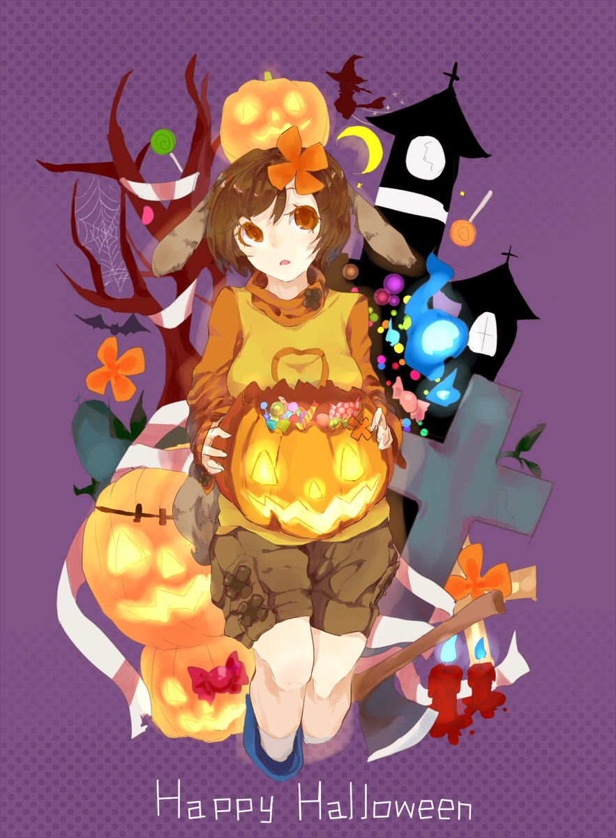 1girl axe blood broom broom_riding brown_hair candy chie_(lcddem) cross female_focus food halloween highres jack-o&#039;-lantern lcddem looking_at_viewer pumpkin short_hair shorts solo theta_(543243462) turtleneck weapon witch yellow_eyes