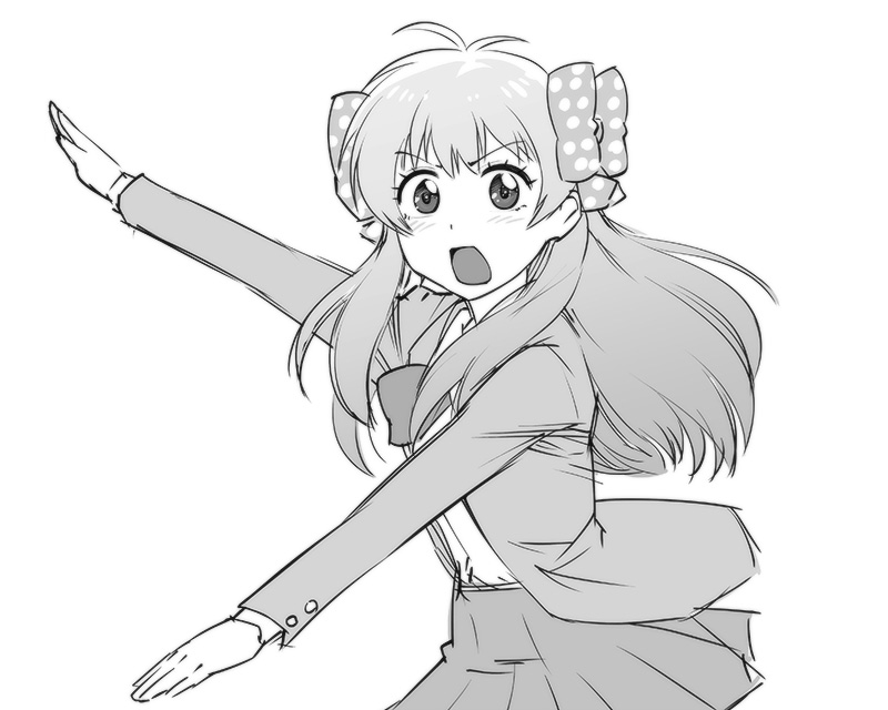 10s 1girl antenna_hair blush bow female_focus gekkan_shoujo_nozaki-kun greyscale hair_bow henshin_pose kamen_rider kamen_rider_zx long_hair long_sleeves monochrome polka_dot polka_dot_bow sakura_chiyo school_uniform skirt solo ueyama_michirou