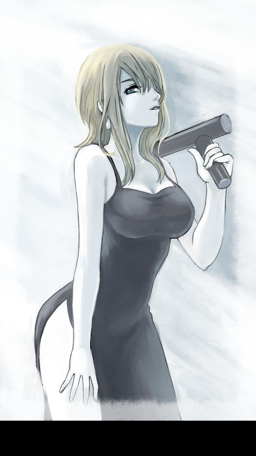 1girl aya_brea black_dress blonde_hair blue_eyes breasts dress earrings highres holding holding_weapon jewelry looking_at_viewer parasite_eve_(series) parasite_eve_i solo wagahai_nekko weapon