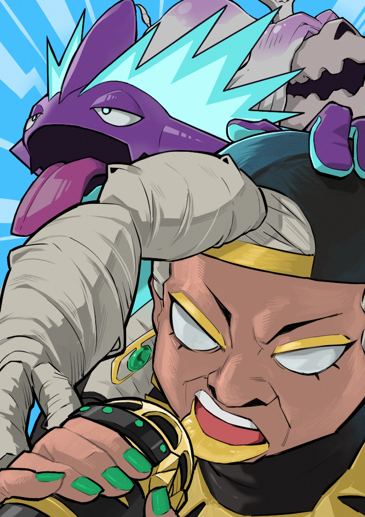 1girl backwards_hat baseball_cap black_headwear blue_background commentary_request dark-skinned_female dark_skin eyelashes eyeshadow gen_8_pokemon green_nails grey_hair hand_up hat holding holding_microphone houndstone jewelry lipstick makeup microphone mon!_(monmonlezard) nail_polish necklace nintendo open_mouth pokemon pokemon_(creature) pokemon_sv ryme_(pokemon) teeth toxtricity toxtricity_(low_key) upper_teeth_only yellow_eyeshadow yellow_lips