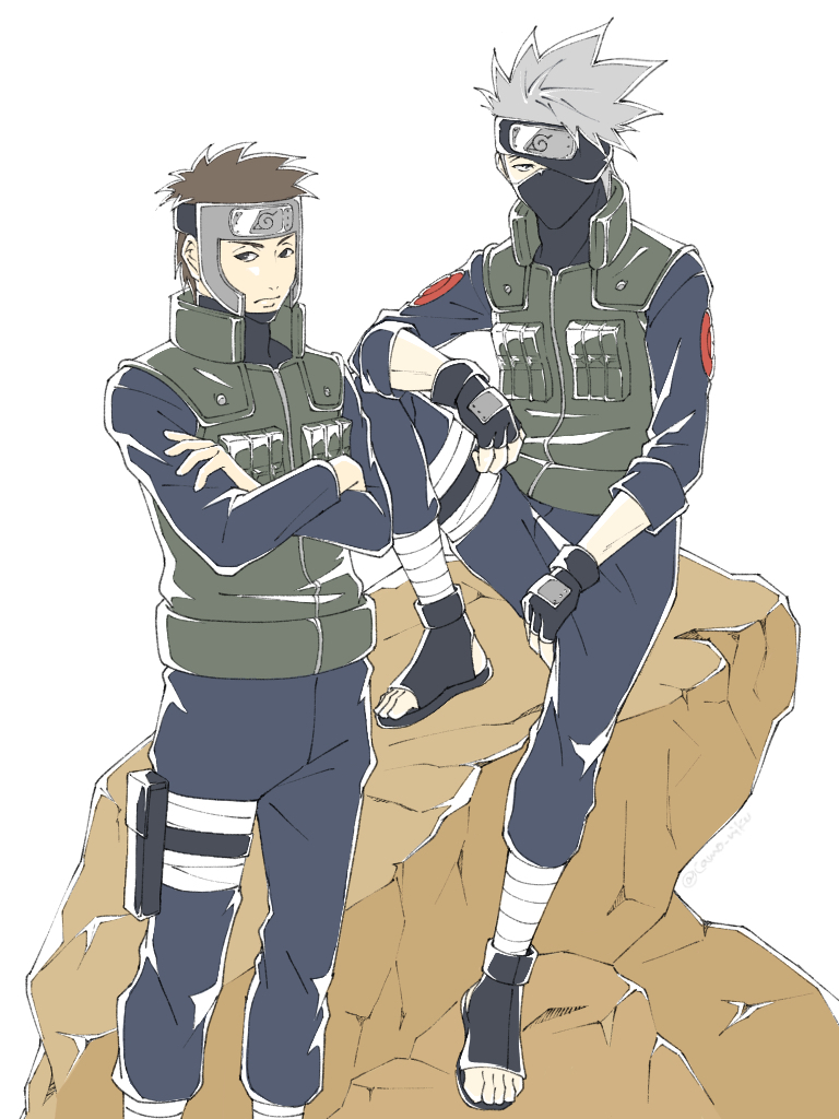 2boys black_eyes black_gloves brown_hair camo_niku crossed_arms fingerless_gloves forehead_protector gloves grey_hair hatake_kakashi konohagakure_shinobi_uniform konohagakure_symbol long_sleeves looking_at_viewer male_focus mask mouth_mask multiple_boys naruto_(series) naruto_shippuuden one_eye_covered open-toe_shoes pants short_hair sitting spiked_hair twitter_username vest white_background yamato_(naruto)
