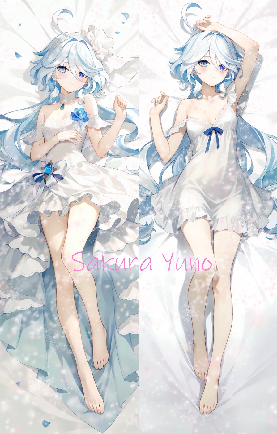 1girl arm_up bare_shoulders barefoot bed_sheet blue_eyes blue_flower blue_hair blush bow breasts closed_mouth commentary_request dakimakura_(medium) dress drop-shaped_pupils flower furina_(genshin_impact) genshin_impact hair_between_eyes hair_bow hair_flower hair_ornament hand_up heterochromia highres light_smile long_hair looking_at_viewer lying medium_breasts multicolored_hair multiple_views on_back single_bare_shoulder single_off_shoulder sleeveless sleeveless_dress strapless strapless_dress streaked_hair symbol-shaped_pupils very_long_hair white_bow white_dress white_flower white_hair yutian_alice