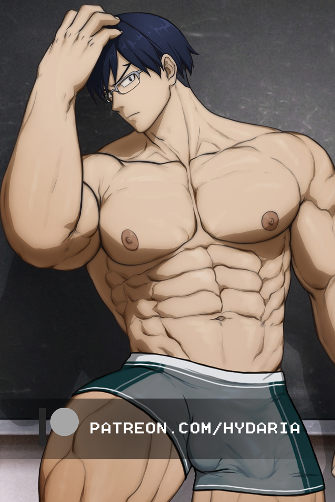 1boy abs alternate_muscle_size bara blue_hair boku_no_hero_academia boxers bulge chalkboard classroom covered_penis cowboy_shot dark_blue_hair expressionless glasses green_male_underwear grey_male_underwear hand_in_own_hair hydaria iida_tenya large_pectorals looking_at_viewer male_focus male_underwear multicolored_male_underwear muscular muscular_male navel nipples paid_reward_available pectorals short_hair solo stomach thick_thighs thighs topless_male underwear watermark