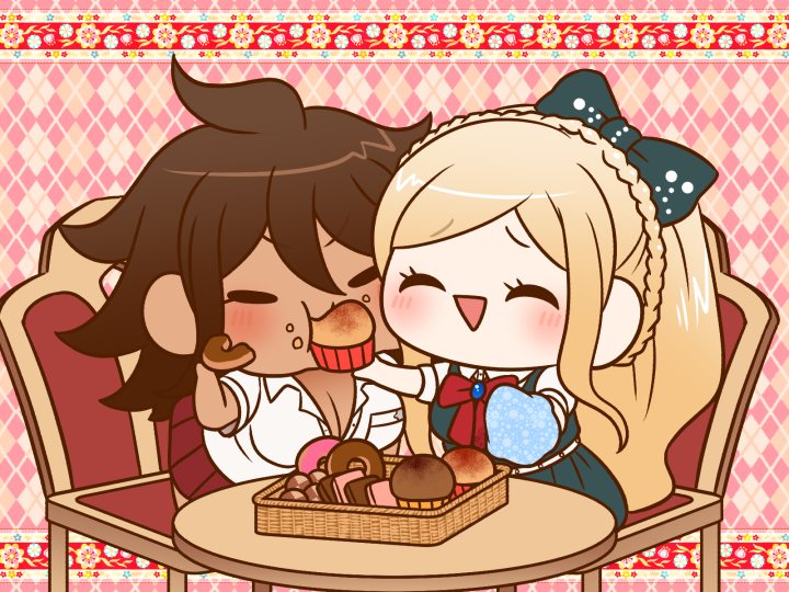 2girls ^_^ argyle_background bare_arms basket belt black_eyes blonde_hair blue_brooch bow bowtie braid breasts brown_hair buttons chair checkerboard_cookie chibi cleavage closed_eyes collared_shirt commentary_request cookie crown_braid crumbs danganronpa_(series) danganronpa_2:_goodbye_despair dark-skinned_female dark_skin donut eyelashes feeding food full_body green_bow green_skirt green_vest hair_bow handkerchief holding holding_food holding_handkerchief large_breasts leaning_forward light_blush long_hair messy_hair miniskirt muffin multiple_girls on_chair open_mouth owari_akane pale_skin pink_background pleated_skirt pocket puffy_short_sleeves puffy_sleeves red_bow red_bowtie red_skirt shirt short_sleeves sitting skirt skirt_set smile solid_oval_eyes sonia_nevermind studded_belt table triangle_mouth very_long_hair vest white_belt white_shirt yumaru_(marumarumaru)