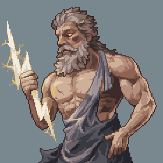 1boy abs beard commentary english_commentary facial_hair greek_mythology grey_hair grey_robe holding_lightning_bolt large_pectorals male_focus mature_male medium_hair muscular muscular_male mustache nipples old old_man pectorals pixel_art reffpixels robe scar scar_on_chest solo torn_clothes torn_robe upper_body zeus_(mythology)