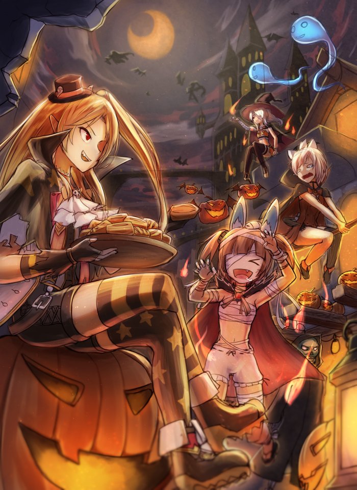 &gt;_&lt; 4girls alternate_hairstyle ayanami_(azur_lane) ayanami_(witch_in_ambush)_(azur_lane) azur_lane bandages bat_wings broom cleveland_(azur_lane) cleveland_(reaper_fever)_(azur_lane) fang ghost halloween halloween_costume hat iroia jack-o&#039;-lantern kagerou_(azur_lane) kagerou_(pumpkins_and_festivities!)_(azur_lane) mary_janes moon multiple_girls navel night open_mouth shoes shouhou_(azur_lane) shouhou_(patrolling_witch)_(azur_lane) sky striped_clothes striped_legwear striped_thighhighs tears thighhighs wings witch_hat