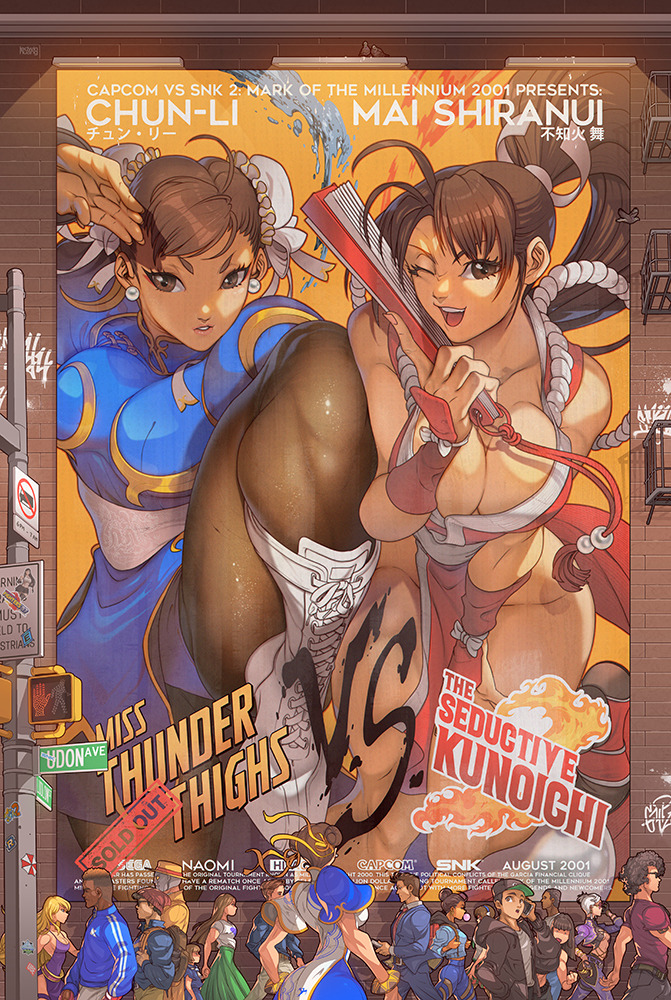a.k.i._(street_fighter) b._jenet bad_tag boots bracelet breasts brown_eyes brown_hair bun_cover capcom capcom_vs_snk_2 chinese_clothes chun-li cleavage crossover crosswalk double_bun earrings edwin_huang english_text fatal_fury fighting_stance garou:_mark_of_the_wolves hair_bun hand_fan hat holding holding_fan jewelry large_breasts mask matching_hair/eyes official_alternate_costume one_eye_closed open_mouth player_character_(street_fighter_6) ponytail poster_(object) q_(street_fighter) road_sign shiranui_mai sign smile snk spiked_bracelet spikes street_fighter street_fighter_6 street_fighter_iii_(series) wink