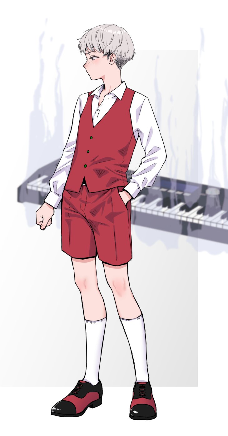 1boy black_shoes closed_mouth collared_shirt commentary_request fade_(haircut) full_body genderswap genderswap_(ftm) grey_background grey_hair hand_in_pocket highres instrument keyboard_(instrument) kneehighs long_sleeves looking_ahead lyrica_prismriver male_focus miyamoto_(dominocube6) red_shoes red_shorts red_vest shirt shoes short_hair shorts simple_background socks solo standing touhou vest white_background white_shirt white_socks