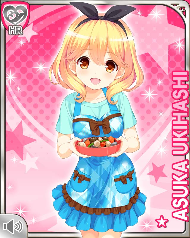 1girl blonde_hair blue_dress blue_thighhighs bow bowtie breasts brown_bow brown_eyes card_(medium) day dress girlfriend_(kari) hair_bow medium_breasts official_art open_mouth pink_background qp:flapper short_hair smile solo standing tagme thighhighs ukihashi_asuka