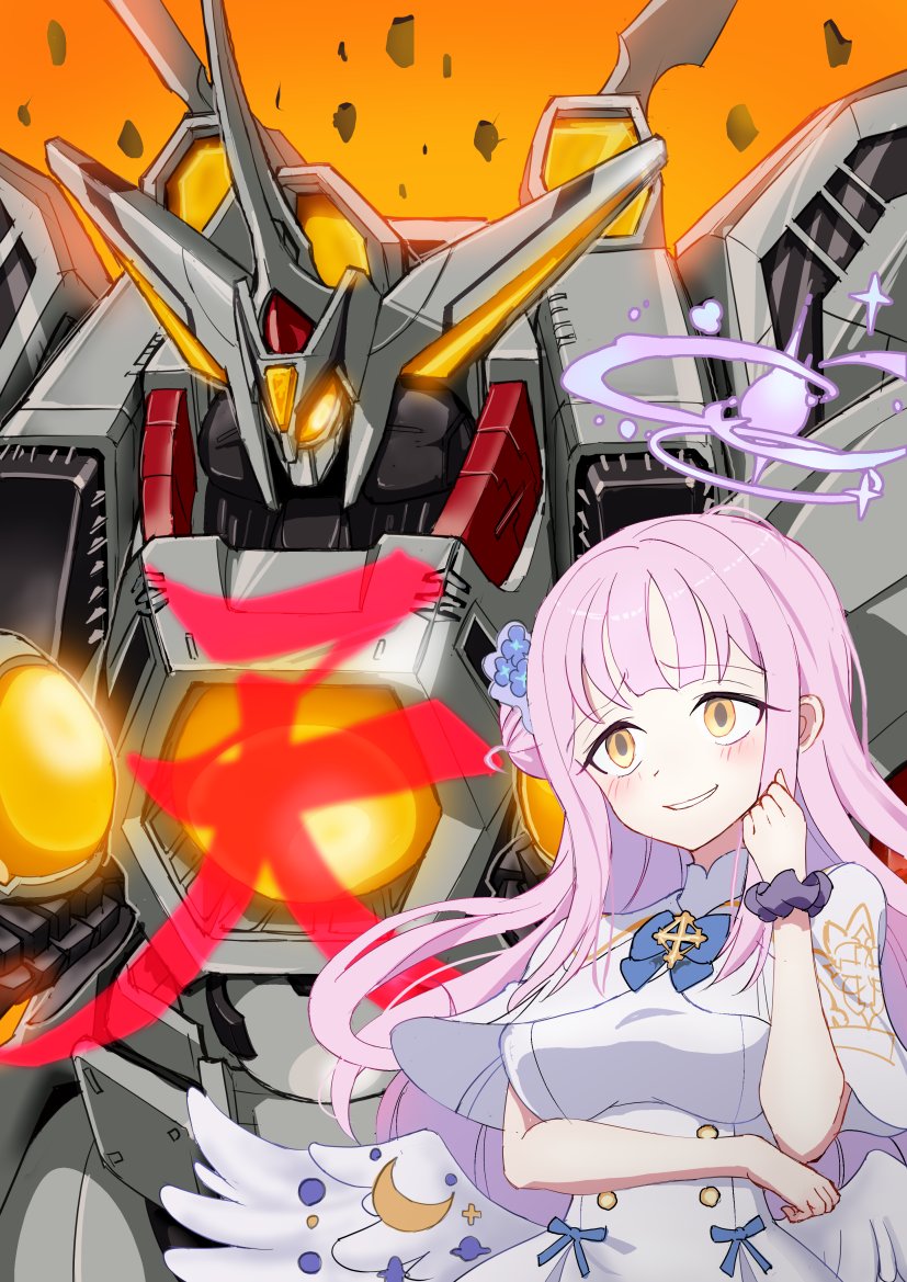 1girl angel_wings arm_under_breasts black_scrunchie blue_archive blue_bow bow capelet commentary_request commission dress feathered_wings flower glowing glowing_eye hades_project_zeorymer hair_bun hair_flower hair_ornament halo hand_on_own_cheek hand_on_own_face heaven_(kanji) kin-san_(sasuraiga) long_hair low_wings mecha mika_(blue_archive) orange_background pink_hair pink_halo robot scrunchie single_side_bun skeb_commission super_robot white_capelet white_dress white_wings wing_ornament wings wrist_scrunchie yellow_eyes zeorymer