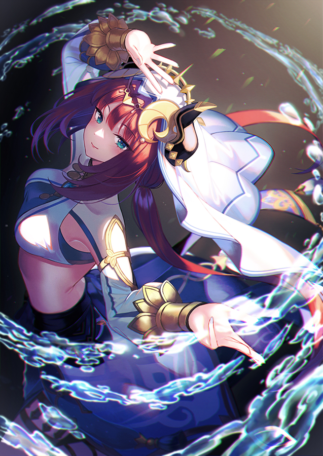 1girl aqua_eyes arm_up blue_skirt blush bracer circlet closed_mouth cowboy_shot crop_top from_side genshin_impact gradient_background harem_outfit jewelry long_hair long_sleeves looking_at_viewer low_twintails nilou_(genshin_impact) outstretched_hand parted_bangs puffy_long_sleeves puffy_sleeves red_hair sidelocks skirt smile solo thighlet twintails unowen very_long_hair water white_sleeves