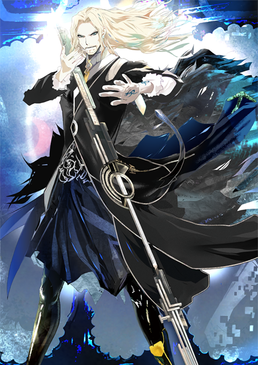 1boy black_boots black_coat blonde_facial_hair blonde_hair boots closed_mouth coat curtained_hair facial_hair fate/grand_order fate_(series) feet_out_of_frame goatee green_eyes hand_tattoo hands_up holding holding_polearm holding_weapon kazikli_bey_(fate/apocrypha) legs_apart long_hair long_sleeves looking_at_viewer maeda_hirotaka male_focus mustache official_art polearm solo standing sweater tattoo third-party_source turtleneck turtleneck_sweater variant_set vlad_iii_(fate/apocrypha) weapon white_sweater