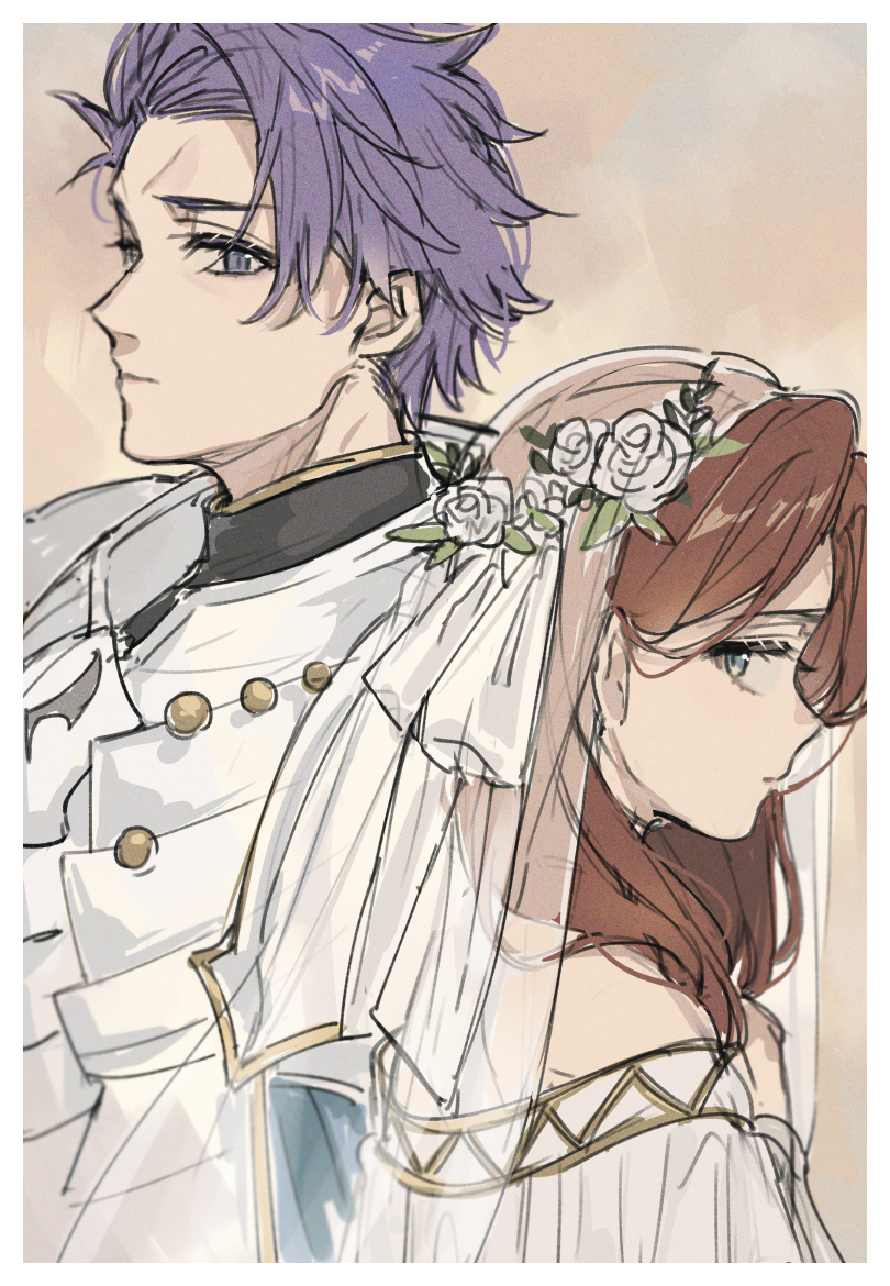 1boy 1girl armor bare_shoulders black_shirt blue_eyes bridal_veil bride brown_hair closed_mouth design_speculation dress fate/grand_order fate_(series) flower from_side gold_trim guinevere_(fate) hair_behind_ear hair_flower hair_ornament hair_over_shoulder hand_up karokuchitose lancelot_(fate/grand_order) long_hair looking_at_viewer off_shoulder purple_eyes purple_hair ribbon rose shirt short_hair sketch upper_body veil wedding_dress white_dress white_flower white_ribbon white_rose