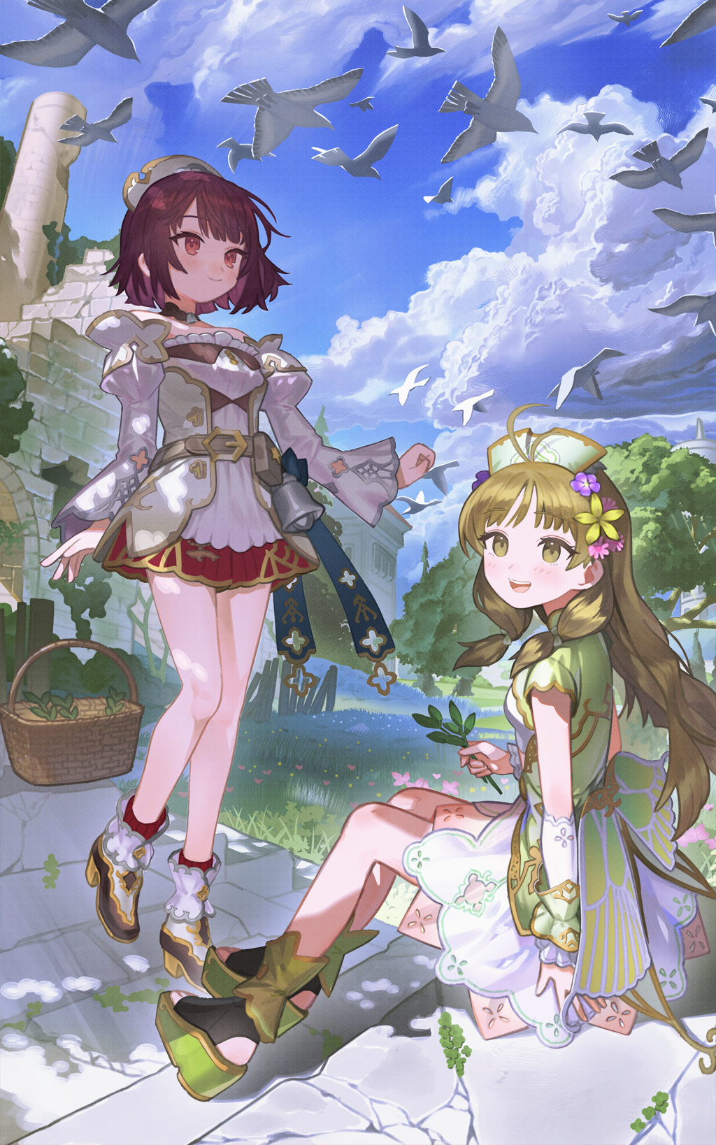 2girls :d ahoge aspara atelier_(series) atelier_ayesha atelier_resleriana atelier_sophie ayesha_altugle ayesha_altugle_(twilight_fairy) basket bell bird brown_hair building cloud day dress flock flower full_body grass green_footwear green_shirt hair_flower hair_ornament hat highres holding holding_plant juliet_sleeves long_hair long_sleeves looking_at_viewer multiple_girls non-web_source official_alternate_costume official_art open_mouth outdoors plant platform_footwear puffy_sleeves red_eyes red_hair sandals shirt short_hair sitting sky smile sophie_neuenmuller sophie_neuenmuller_(pure_angel) standing tower tree white_dress