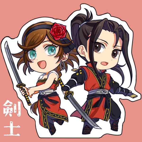 1boy 1girl agnea_bristarni aqua_eyes black_eyes black_hair black_hairband brown_hair chibi earrings flower flower_hairband hair_flower hair_intakes hair_ornament hairband hikari_ku holding holding_sword holding_weapon hoop_earrings jewelry long_hair octopath_traveler octopath_traveler_ii open_mouth osgt_pic ponytail red_background red_flower red_rose rose simple_background sword weapon