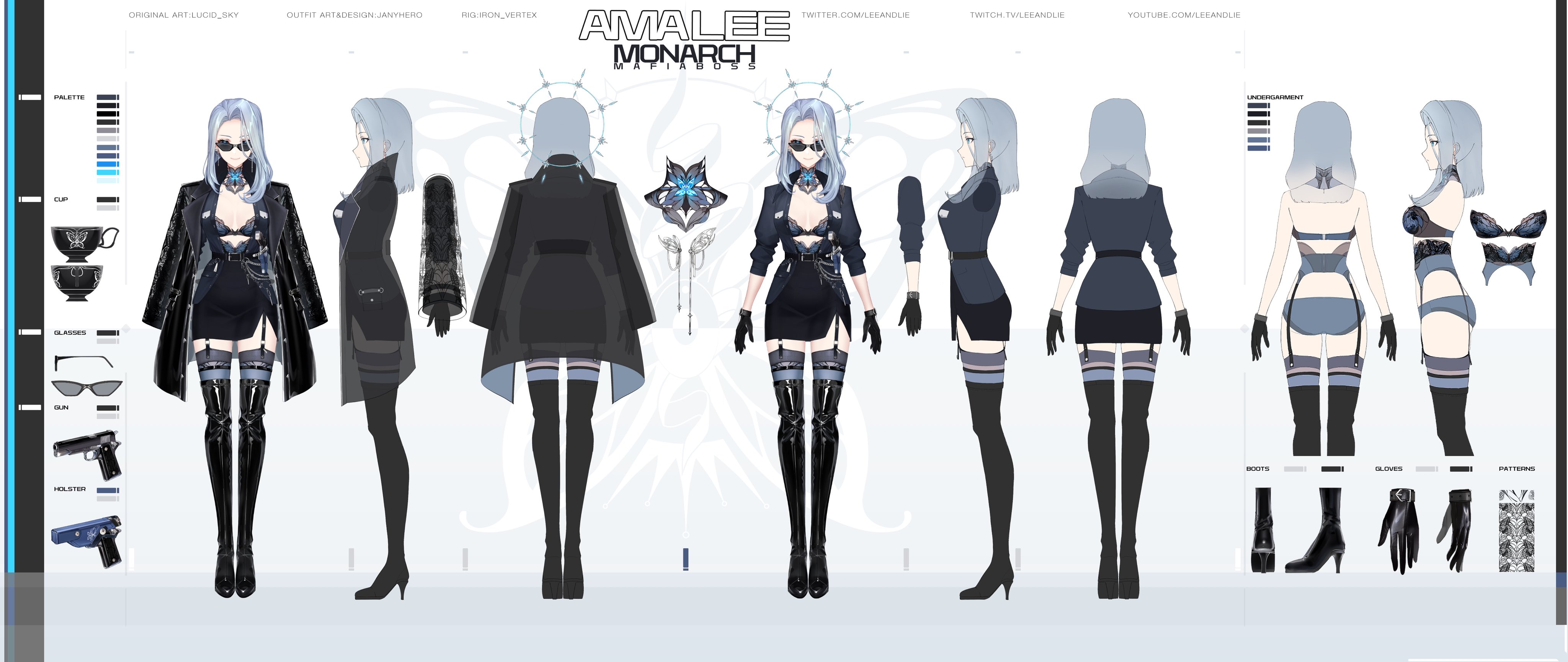 1girl absurdres artist_name belt black_coat black_footwear black_gloves black_skirt black_suit boots bra breasts butterfly_brooch chain character_name reference_sheet cleavage coat coat_on_shoulders color_guide commentary cup earrings forehead formal_clothes from_behind front_slit full_body garter_belt garter_straps gloves grey_hair gun hair_over_one_eye halo halo_behind_head handgun high_belt high_heels highres holster janyhero jewelry lace lace_bra lace_collar lace_garter_belt lapels latex_thigh_boots leather leather_gloves legwear_garter long_hair looking_at_viewer looking_over_eyewear lucidsky mafia monarch_(amalee) monarch_(mafia)_(amalee) multiple_views notched_lapels official_alternate_costume official_art open_clothes open_coat panties pencil_skirt second-party_source shoulder_holster skirt skirt_suit sleeves_rolled_up small_breasts standing suit sunglasses tachi-e teacup thigh_boots thighhighs tinted_eyewear turnaround unbuttoned unbuttoned_shirt underwear virtual_youtuber vshojo weapon