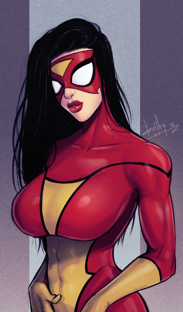 1girl black_hair bodysuit breasts covered_abs devilhs gloves jessica_drew large_breasts long_hair marvel mask red_bodysuit red_lips red_mask signature solo spider-man_(series) spider-woman two-tone_bodysuit upper_body yellow_bodysuit yellow_gloves