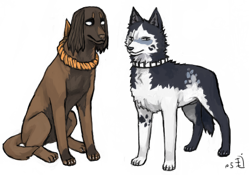 animalization blank_eyes bleach collar dog emlan full_body hisagi_shuuhei looking_at_viewer lowres signature simple_background sitting standing tousen_kaname white_background