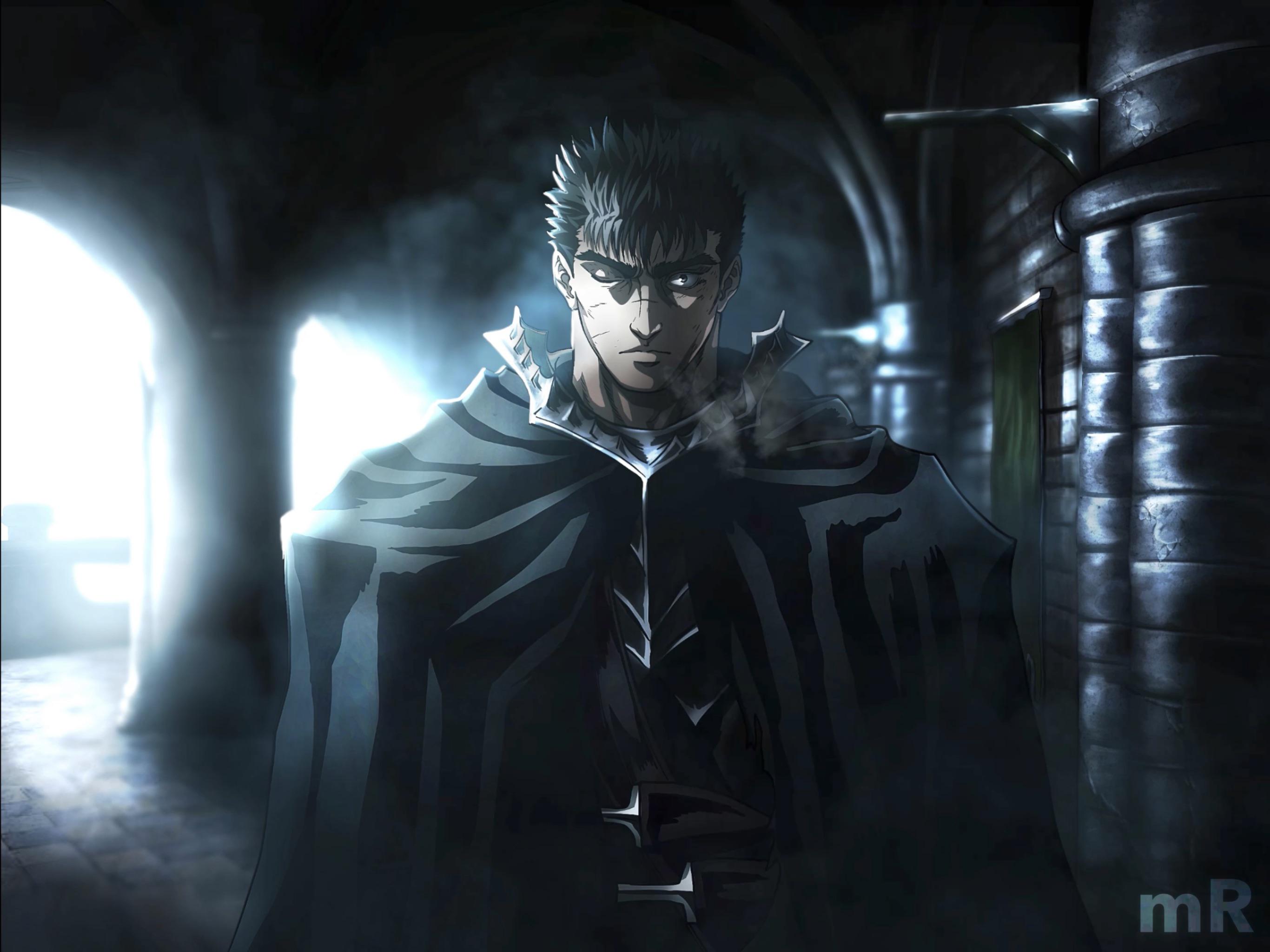 1boy armor artist_logo berserk berserker_armor black_cloak black_hair cloak guts_(berserk) highres logo looking_at_viewer male_focus mark_reymer one_eye_closed scar scar_on_face scar_on_nose short_hair solo spiked_hair standing