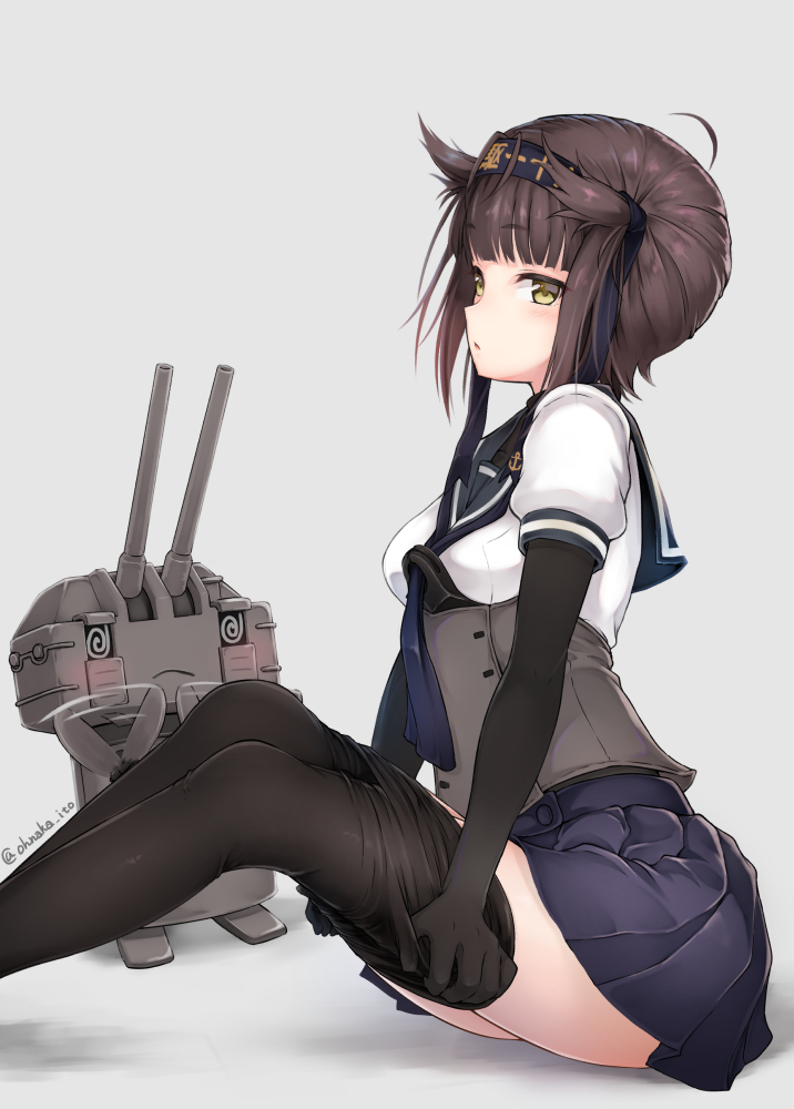 1girl anchor_symbol black_bodysuit black_gloves black_pantyhose black_skirt blush bodysuit breasts brown_hair chou-10cm-hou-chan chou-10cm-hou-chan_(hatsuzuki&#039;s) clothes_writing corset gloves gradient_background hachimaki hair_flaps hair_ornament hairband hatsuzuki_(kancolle) headband kantai_collection miniskirt neckerchief oonaka_ito pantyhose pleated_skirt sailor_collar school_uniform serafuku short_hair skirt small_breasts yellow_eyes