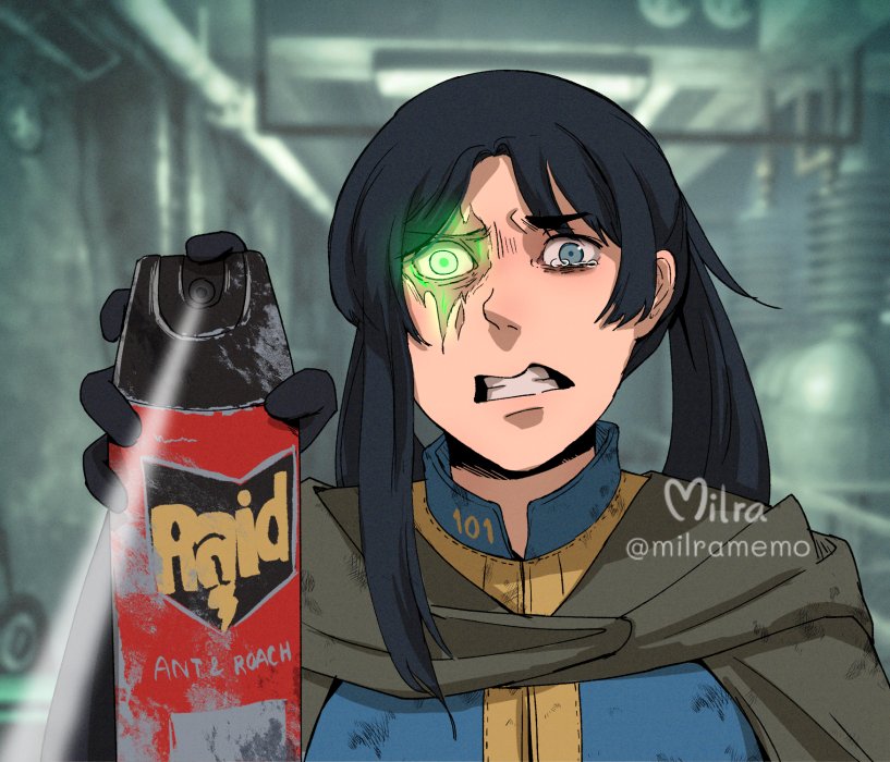 1girl black_gloves black_hair blue_jumpsuit brown_capelet capelet clenched_teeth fallout fallout_3 game_screenshot_background gloves glowing glowing_eye green_eyes grey_eyes heterochromia holding hood hood_down hooded_capelet indoors jumpsuit lone_wanderer long_hair milramemo screenshot_background signature solo spray_can teeth twitter_username upper_body vault_suit