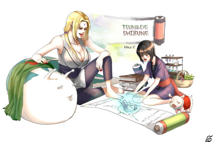 2girls artist_name black_hair blonde_hair breasts character_name cleavage facial_mark forehead_mark katsuyu may_c_(lovemeiko) multiple_girls naruto naruto_(series) pig shizune_(naruto) sitting slug tonton_(naruto) tsunade_(naruto)