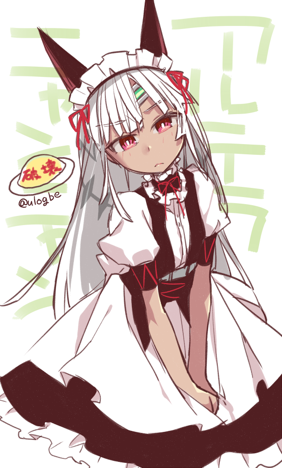 1girl altera_(fate) animal_ears black_dress breasts cat_ears dark-skinned_female dark_skin dress fake_animal_ears fate/grand_order fate_(series) looking_at_viewer maid maid_headdress negi_(ulog&#039;be) puffy_short_sleeves puffy_sleeves red_eyes short_hair short_sleeves small_breasts two-tone_dress veil white_dress white_hair