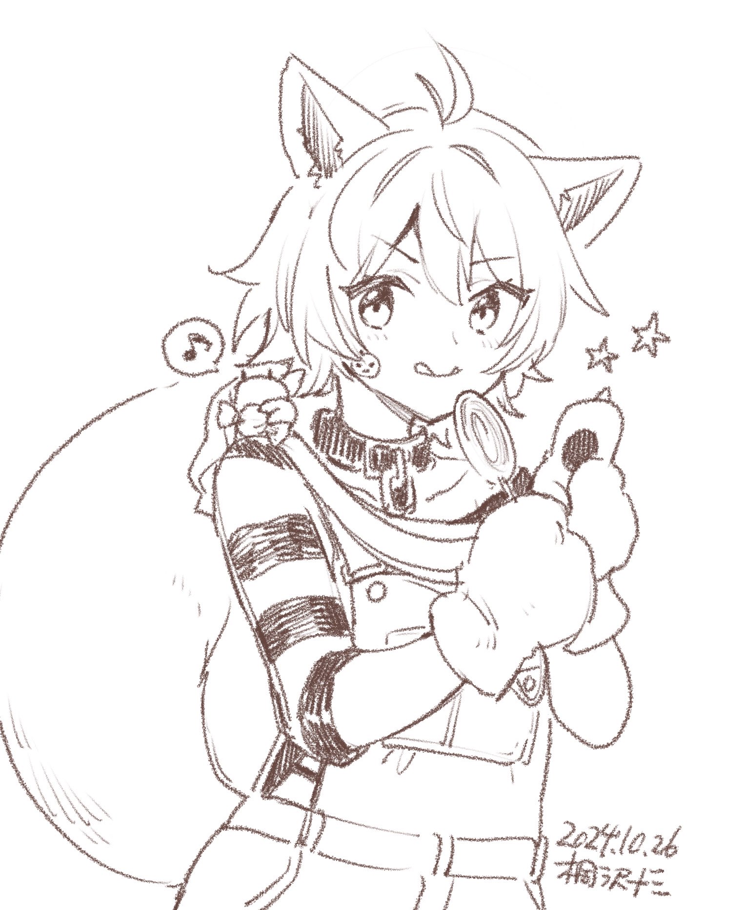 1girl ahoge animal animal_ears animal_hands animal_on_shoulder artist_name candy crab_on_shoulder dated eighth_note food gloves greyscale halloween_costume highres kantai_collection kirisawa_juuzou lollipop monochrome musical_note oboro_(halloween)_(kancolle) oboro_(kancolle) overalls paw_gloves shirt short_hair solo spoken_musical_note sticker_on_face striped_clothes striped_shirt swirl_lollipop tail tongue tongue_out upper_body wolf_ears wolf_tail