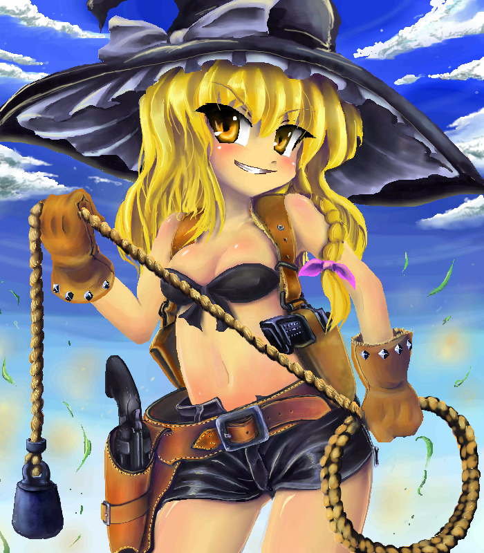 1girl belt bikini bikini_top_only black_bikini blonde_hair blush bow braid breasts cleavage cowboy_hat cowboy_western female_focus front-tie_top gloves gun gunbelt handgun hat hat_bow holster kirisame_marisa medium_breasts midriff okiraku_nikku revolver rope shorts shoulder_holster solo swimsuit touhou tsurime weapon witch_hat yellow_eyes