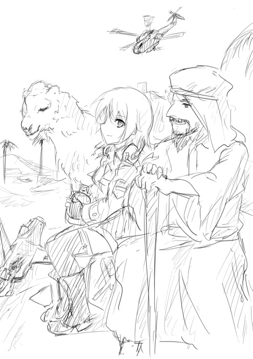 1boy 1girl age_difference aircraft arabian arabian_clothes bad_id bad_pixiv_id beard boots camel canteen city dakku_(ogitsune) damaged desert facial_hair gloves greyscale headset helicopter jerry_can military military_vehicle monochrome soldier strike_witches strike_witches_1991 striker_unit tree uniform vehicle cane world_witches_series