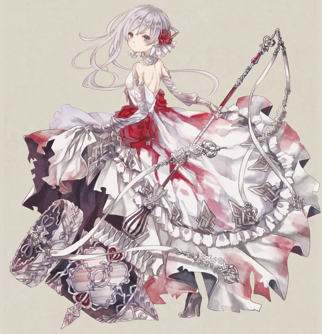 1girl asymmetrical_hair dress female_focus frills from_side full_body grey_background grey_eyes grey_hair holding looking_at_viewer looking_back oro_ponzu simple_background sinoalice snow_white_(sinoalice) solo standing white_dress