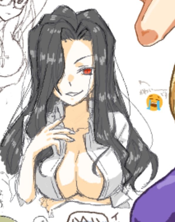1girl black_hair breasts collared_shirt colored_skin crying_emoji doodle emoji female_focus genderswap genderswap_(mtf) hair_over_one_eye large_breasts looking_at_viewer melty_blood michael_roa_valdamjong no_bra open_clothes open_shirt red_eyes shirt smile solo tsukihime tsukihime_(remake) type-moon uzuki__orange vampire white_skin