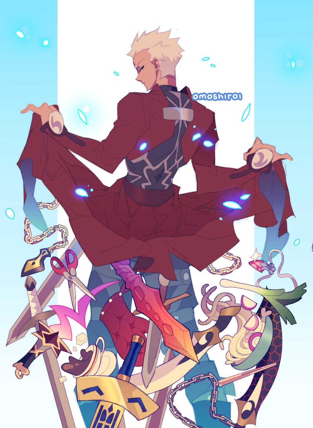 1boy archer_(fate) armor bakemonogatari blade brown_eyes chain chopsticks closed_mouth coffee commentary cosplay cup dagger disposable_cup english_commentary excalibur_(fate/stay_night) falling fate/stay_night fate/unlimited_blade_works fate_(series) food from_behind gae_bolg_(fate) highres holding holding_unworn_clothes jewelry knife liquid looking_at_viewer male_focus manly monogatari_(series) noodles omoshiroi pants parody pendant plate polearm scissors senjougahara_hitagi senjougahara_pose simple_background solo spear spring_onion standing sword teacup two-tone_background unlimited_blade_works_(reality_marble) weapon white_hair