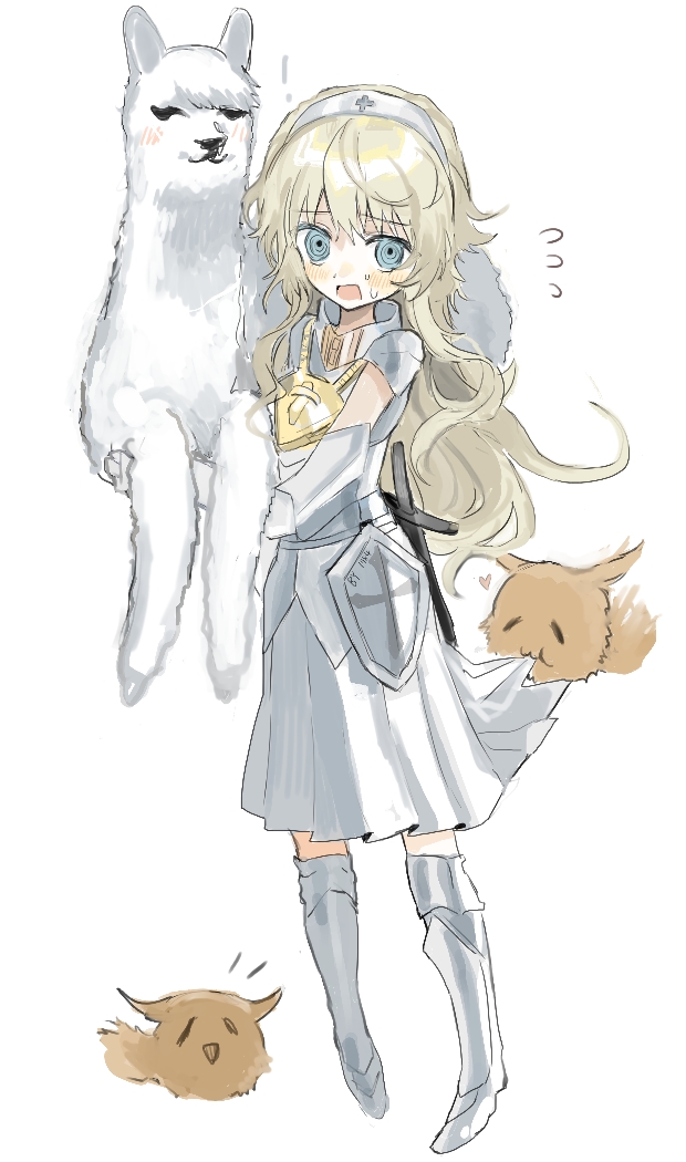 1984_(cw1000110) 1girl alpaca animal armor armored_boots black_souls blonde_hair blue_eyes blush boots dress embarrassed fluffy_(black_souls) flying_sweatdrops full_body gauntlets hairband holding holding_animal jeanne_(black_souls) long_hair looking_at_viewer open_mouth pauldrons shoulder_armor sidelocks simple_background solo sweat sword weapon white_background white_dress white_hairband