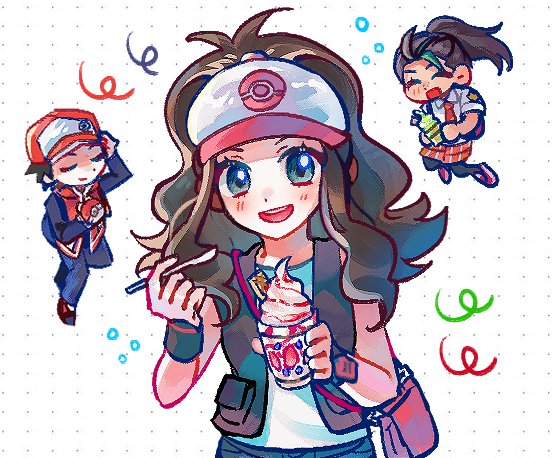 1boy 2girls :d antenna_hair bag blush brown_hair commentary_request food game_freak happy hat hilda_(pokemon) holding kong_(6ki3ki) korean_commentary long_hair multiple_girls nemona_(pokemon) nintendo official_alternate_costume open_clothes open_mouth open_vest pokemon pokemon_bw pokemon_masters_ex pokemon_sv red_(pokemon) red_(sygna_suit)_(pokemon) shirt shorts sidelocks sleeveless sleeveless_shirt smile teeth upper_teeth_only vest white_background white_hat wristband
