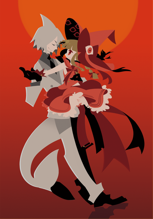 1boy 1girl back_bow black_footwear black_gloves black_necktie bow braid brown_hair closed_eyes closed_mouth dress fins fish_tail flat_color formal_clothes frilled_dress frills funamusea gloves kaku_sugar looking_at_another necktie oounabara_to_wadanohara pants red_background red_bow red_dress red_eyes red_gloves shark_fin shark_tail suit sun syakesan_(funamusea) tail twin_braids wadanohara wadanohara_(red_sea) white_hair white_pants white_suit