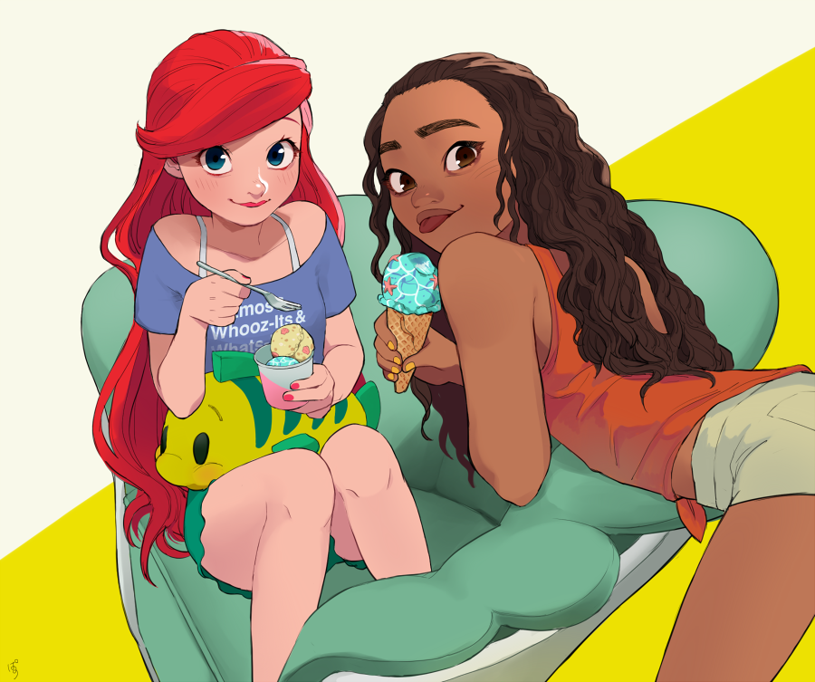 2girls ariel_(disney) armchair bare_arms bare_legs bare_shoulders beige_background beige_shorts bent_over blouse blue_eyes brown_eyes brown_hair chair character_doll closed_mouth clothes_writing collarbone crossover cup curly_hair dark-skinned_female dark_skin doll eyelashes fingernails flounder_(the_little_mermaid) food fork green_shorts holding holding_cup holding_food holding_fork ice_cream ice_cream_cone knees_together_feet_apart light_blush lips long_hair looking_at_viewer looking_back moana_(movie) moana_waialiki multiple_girls nail_polish off_shoulder on_chair orange_tank_top pano_(mohayayamai) purple_shirt red_hair red_lips red_nails shirt shorts side-tie_shirt simple_background sitting smile smirk spaghetti_strap stuffed_animal stuffed_fish stuffed_toy swept_bangs tank_top the_little_mermaid_(disney) thick_eyebrows tongue tongue_out two-tone_background very_long_hair wavy_hair wreck-it_ralph yellow_background yellow_nails