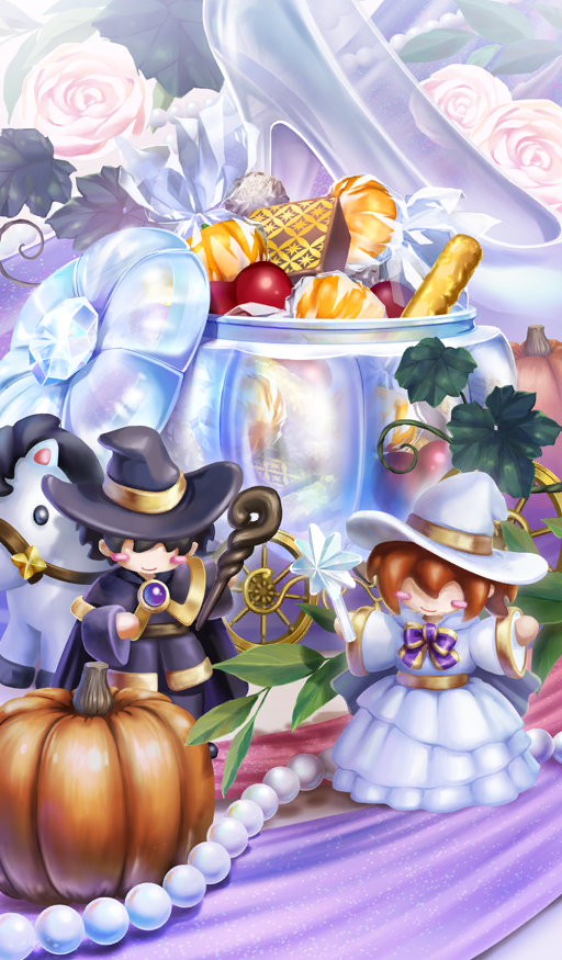 candy character-themed_food cinderella commentary fate/grand_order fate_(series) food food_art food_focus fujimaru_ritsuka_(female) fujimaru_ritsuka_(male) gem glass glass_slipper high_heels horse in_container leaf naitou_akira no_humans official_art pearl_(gemstone) pumpkin pumps stiletto_heels still_life third-party_source unworn_shoe wrapped_candy