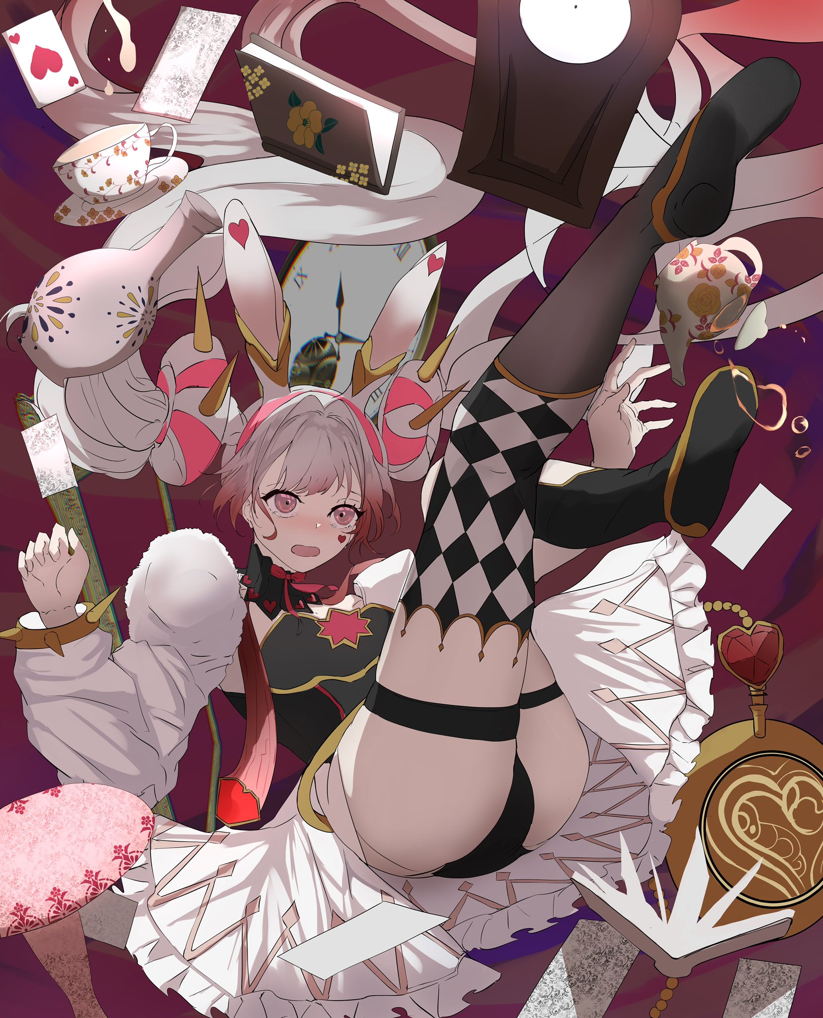 1girl animal_ears argyle_clothes argyle_thighhighs ass asymmetrical_sleeves blush book boots bracelet breasts card cup double_bun donut_hair_bun duel_monster embarrassed error_message facial_mark falling feet feet_up floating floating_book floating_object full_body grey_hair hair_bun heart heart_card heart_facial_mark highres jewelry leotard long_hair maliss_<p>_white_rabbit midair multicolored_hair opening_book pink_eyes playing_card pocket_watch rabbit_ears rabbit_girl showgirl_skirt skirt solo spiked_bracelet spikes teacup teapot thigh_boots twintails uneven_sleeves uragawai watch white_skirt white_sleeves yu-gi-oh!