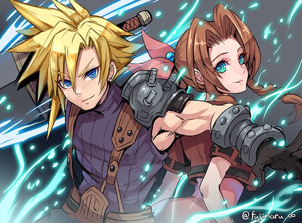 1boy 1girl aerith_gainsborough arched_back armor back-to-back belt black_gloves blonde_hair blue_eyes blue_shirt braid braided_ponytail brown_belt brown_hair buster_sword cloud_strife cropped_jacket dress earrings fighting_stance final_fantasy final_fantasy_vii fujimaru_(green_sparrow) gloves green_eyes grey_background hair_between_eyes hair_ribbon holding holding_sword holding_weapon jacket jewelry lifestream long_hair looking_at_viewer looking_back materia parted_bangs pink_dress pink_ribbon red_jacket ribbon shirt short_hair short_sleeves shoulder_armor sidelocks single_earring sleeveless sleeveless_shirt smile spiked_hair square_enix suspenders sword toned toned_male twitter_username upper_body wavy_hair weapon